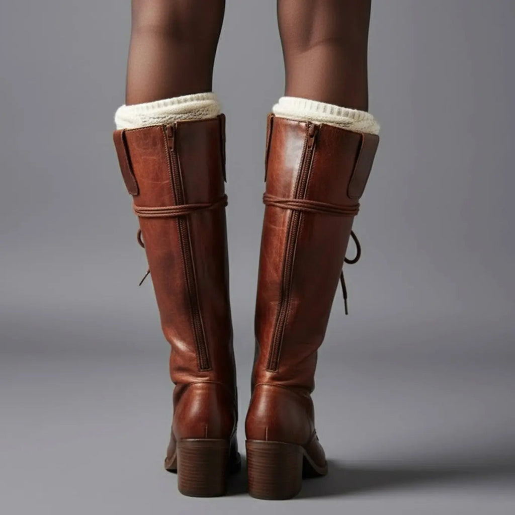 Mia | Women's Lace-Up Studded Knee-High Boots Block Heel
