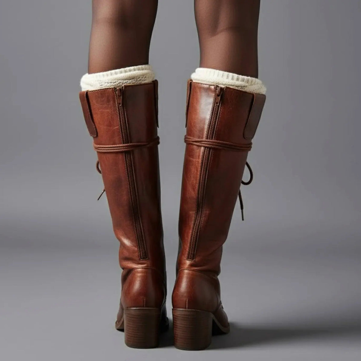 Mia | Women's Lace-Up Studded Knee-High Boots Block Heel