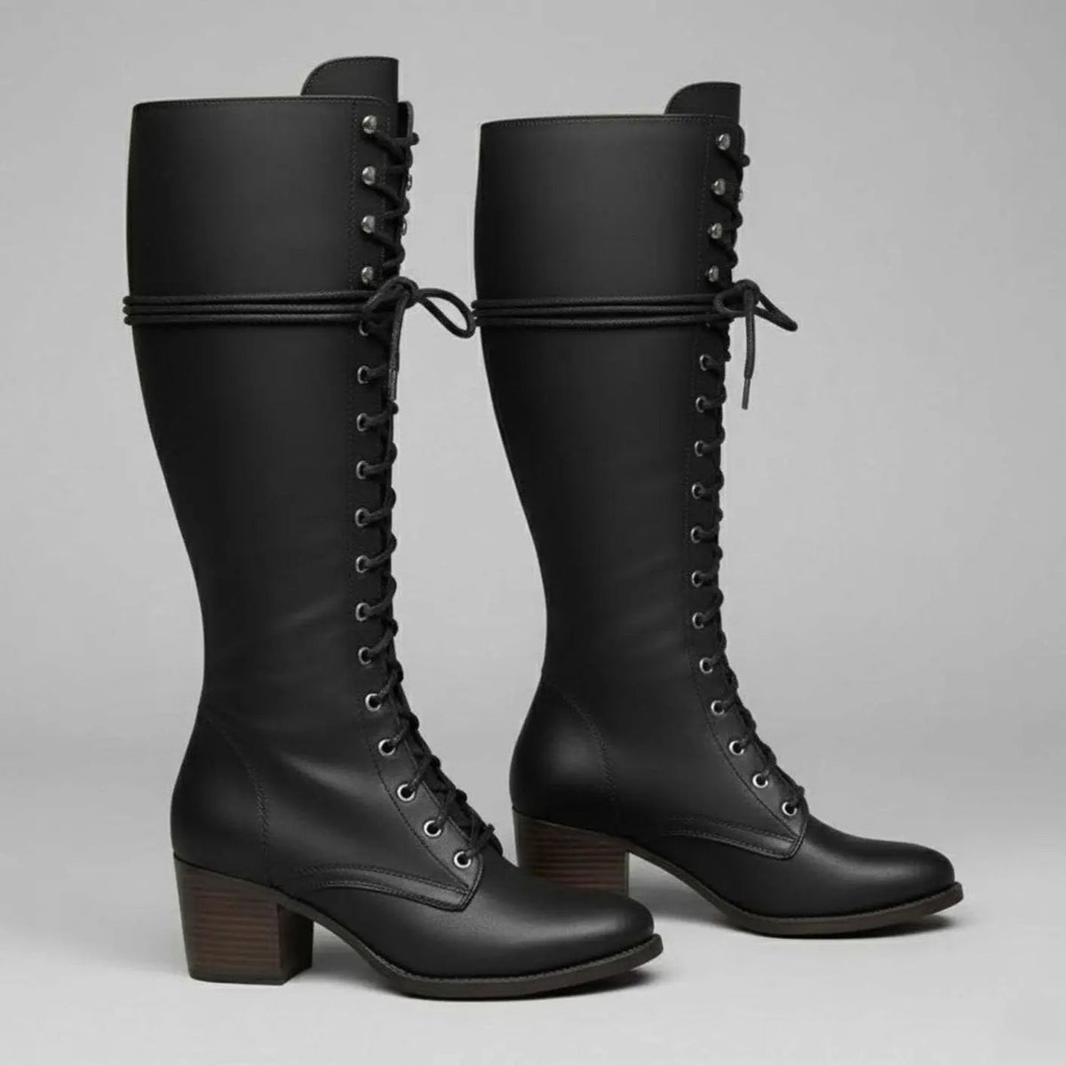 Mia | Women's Lace-Up Studded Knee-High Boots Block Heel