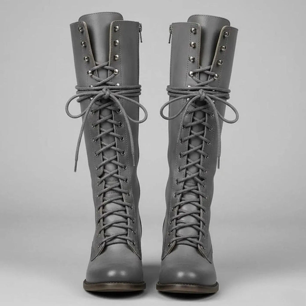 Mia | Women's Lace-Up Studded Knee-High Boots Block Heel