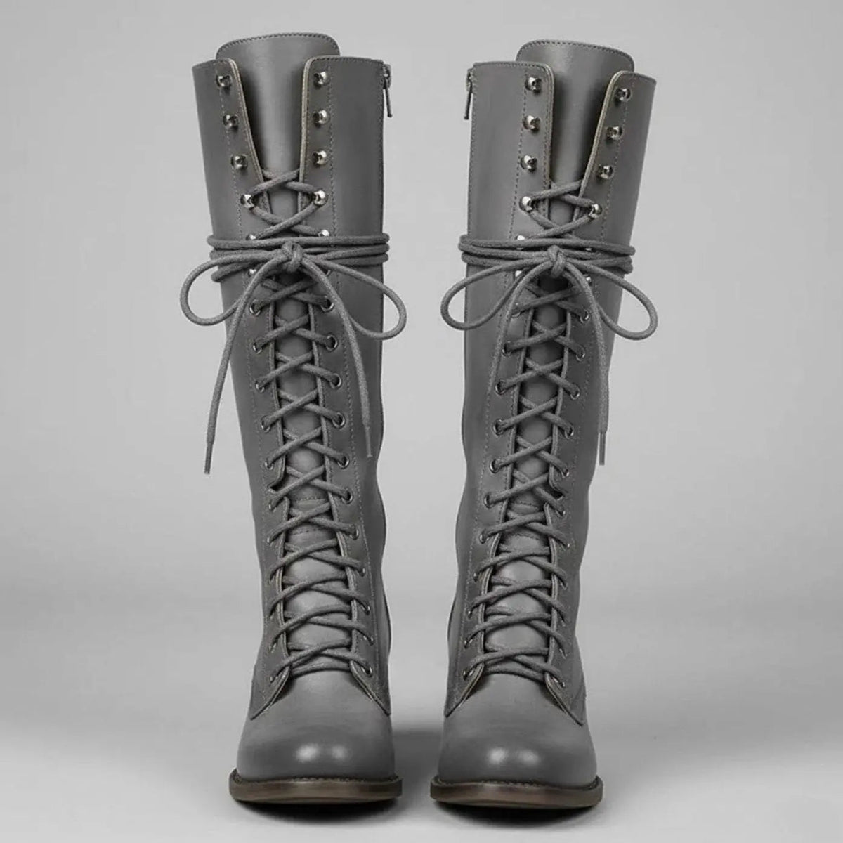 Mia | Women's Lace-Up Studded Knee-High Boots Block Heel