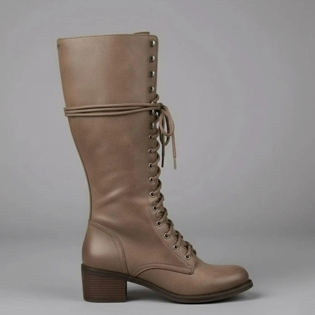 Mia | Women's Lace-Up Studded Knee-High Boots Block Heel