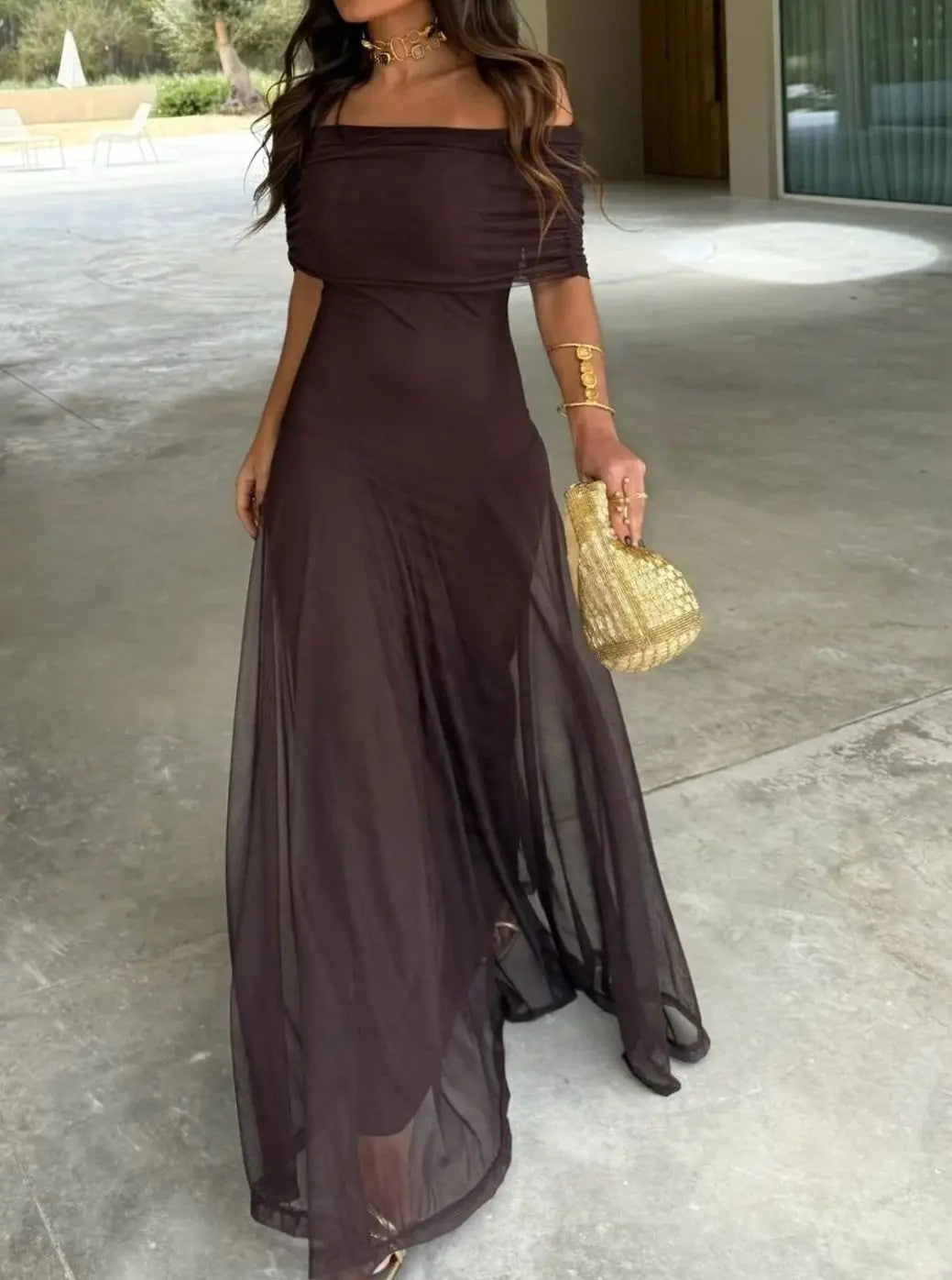 Sienna | Women's Off-Shoulder Flowing Mesh Long Sleeve Dress Maxi