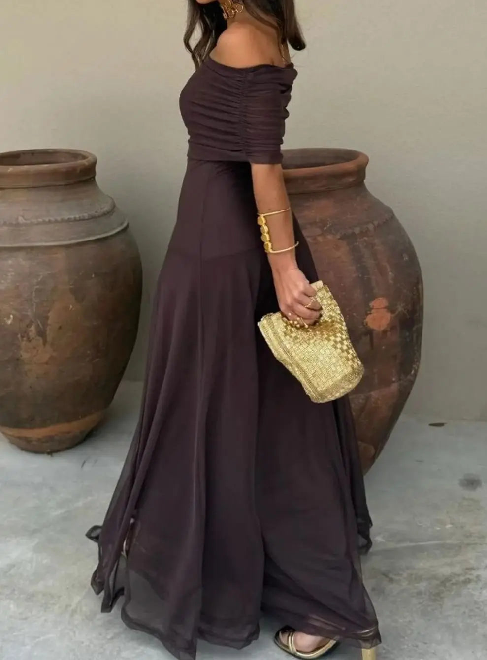 Sienna | Women's Off-Shoulder Flowing Mesh Long Sleeve Dress Maxi