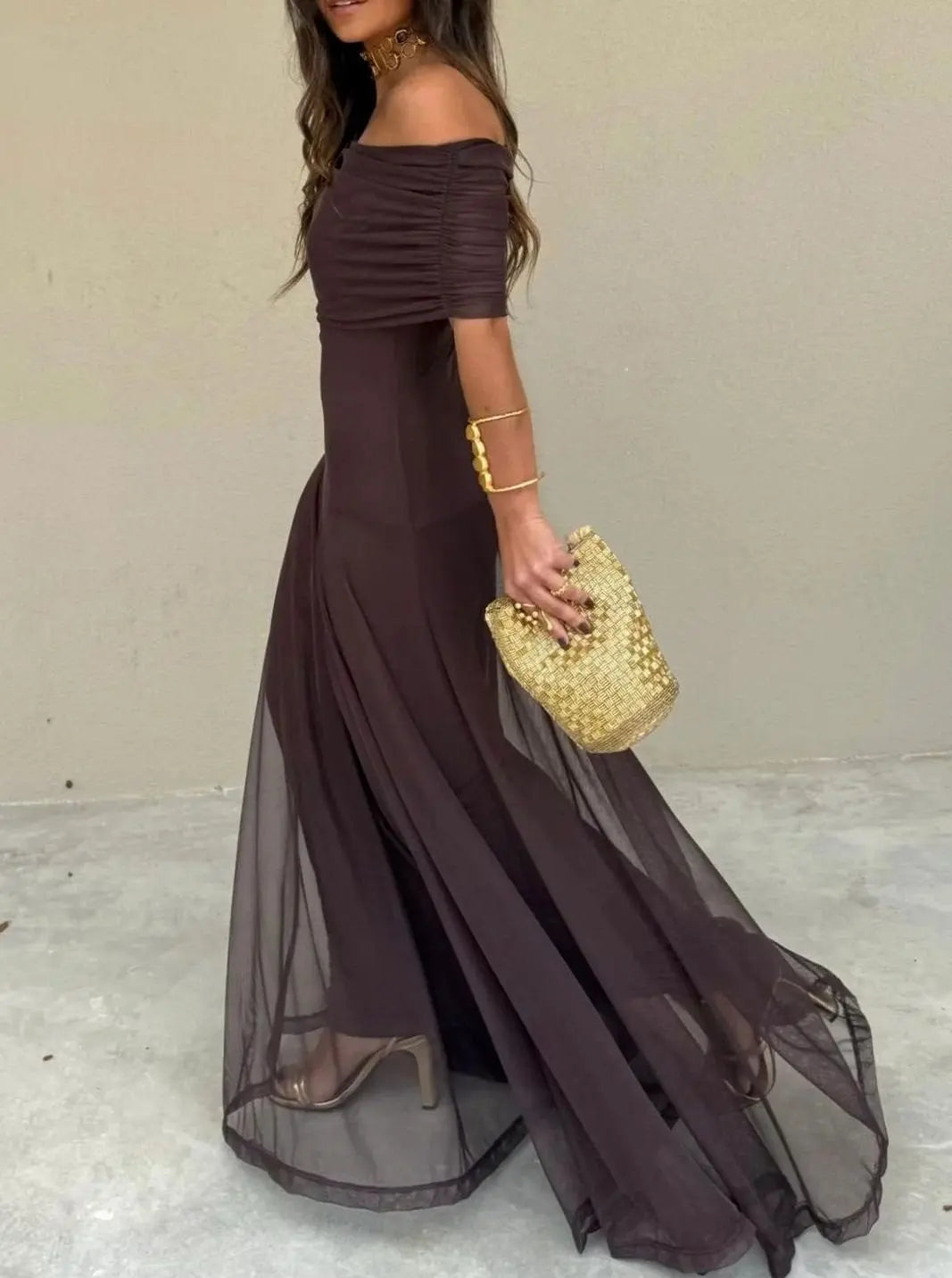 Sienna | Women's Off-Shoulder Flowing Mesh Long Sleeve Dress Maxi