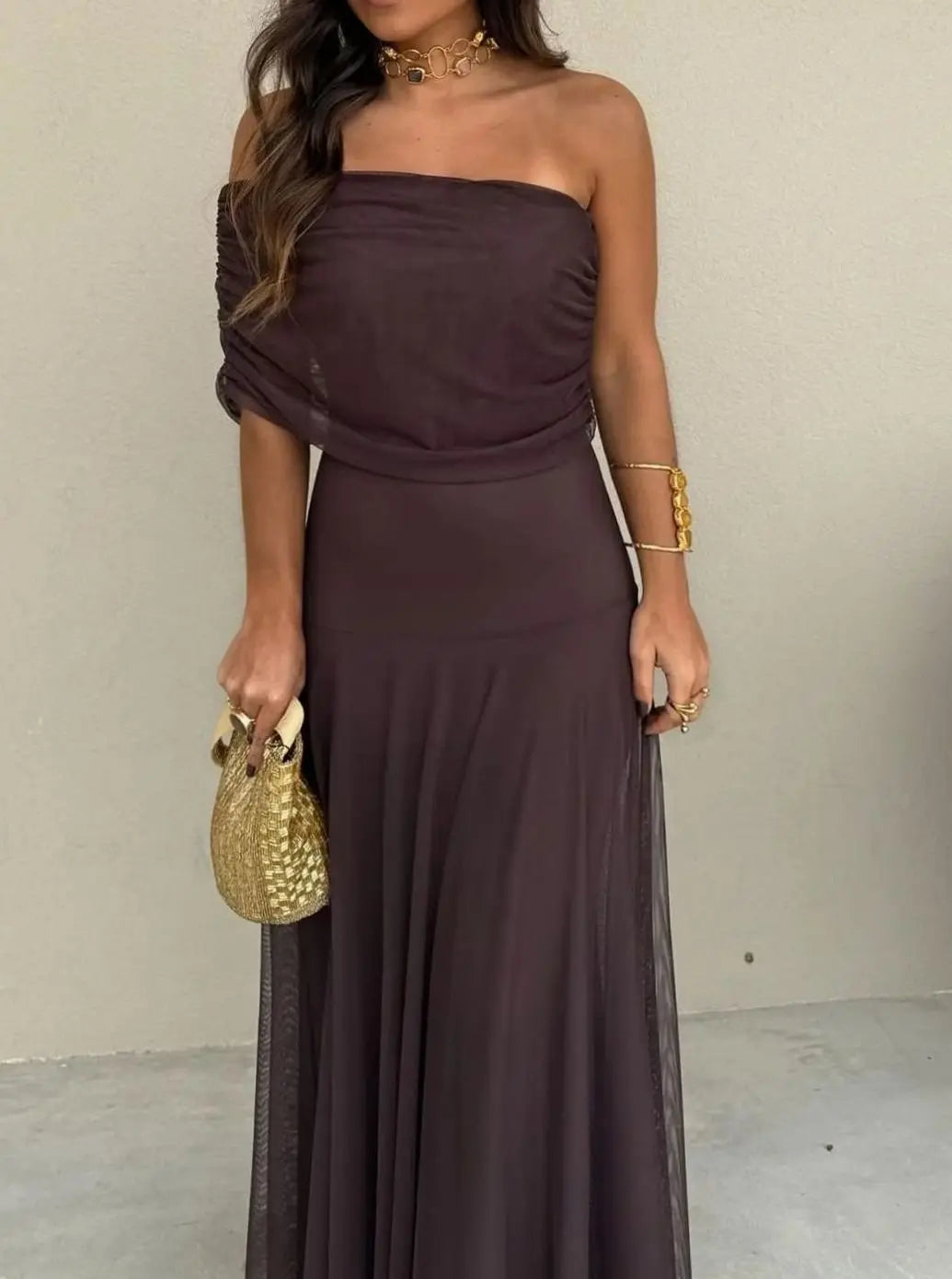 Sienna | Women's Off-Shoulder Flowing Mesh Long Sleeve Dress Maxi