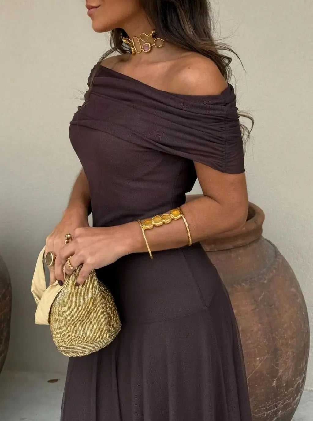 Sienna | Women's Off-Shoulder Flowing Mesh Long Sleeve Dress Maxi