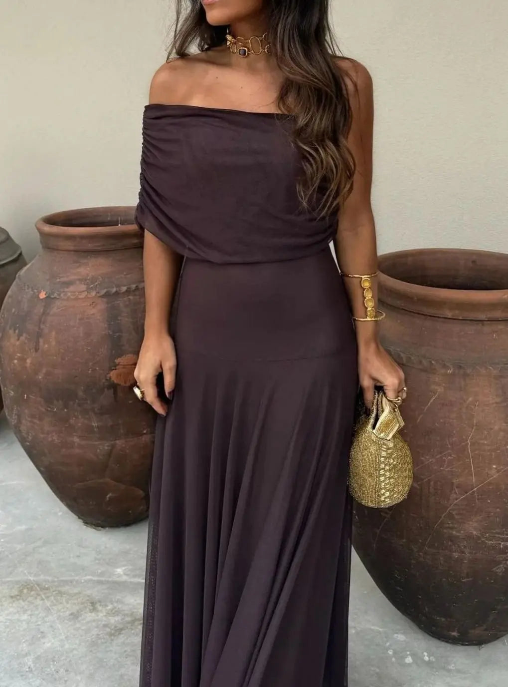 Sienna | Women's Off-Shoulder Flowing Mesh Long Sleeve Dress Maxi