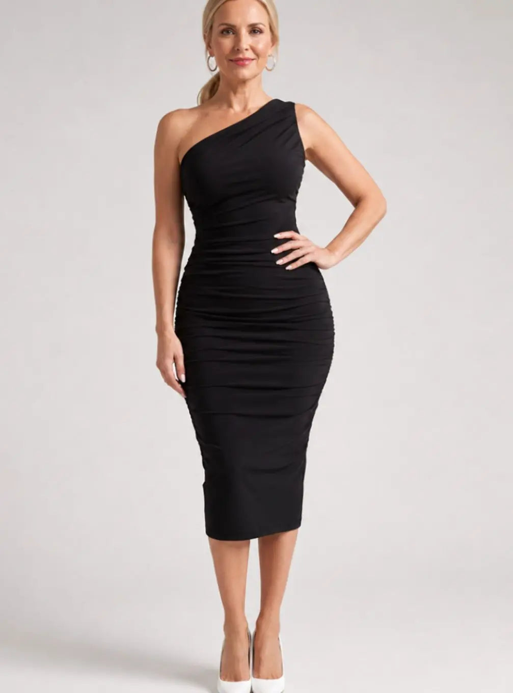 Aria | Women's One-Shoulder Ruched Detail Midi Cocktail Dress
