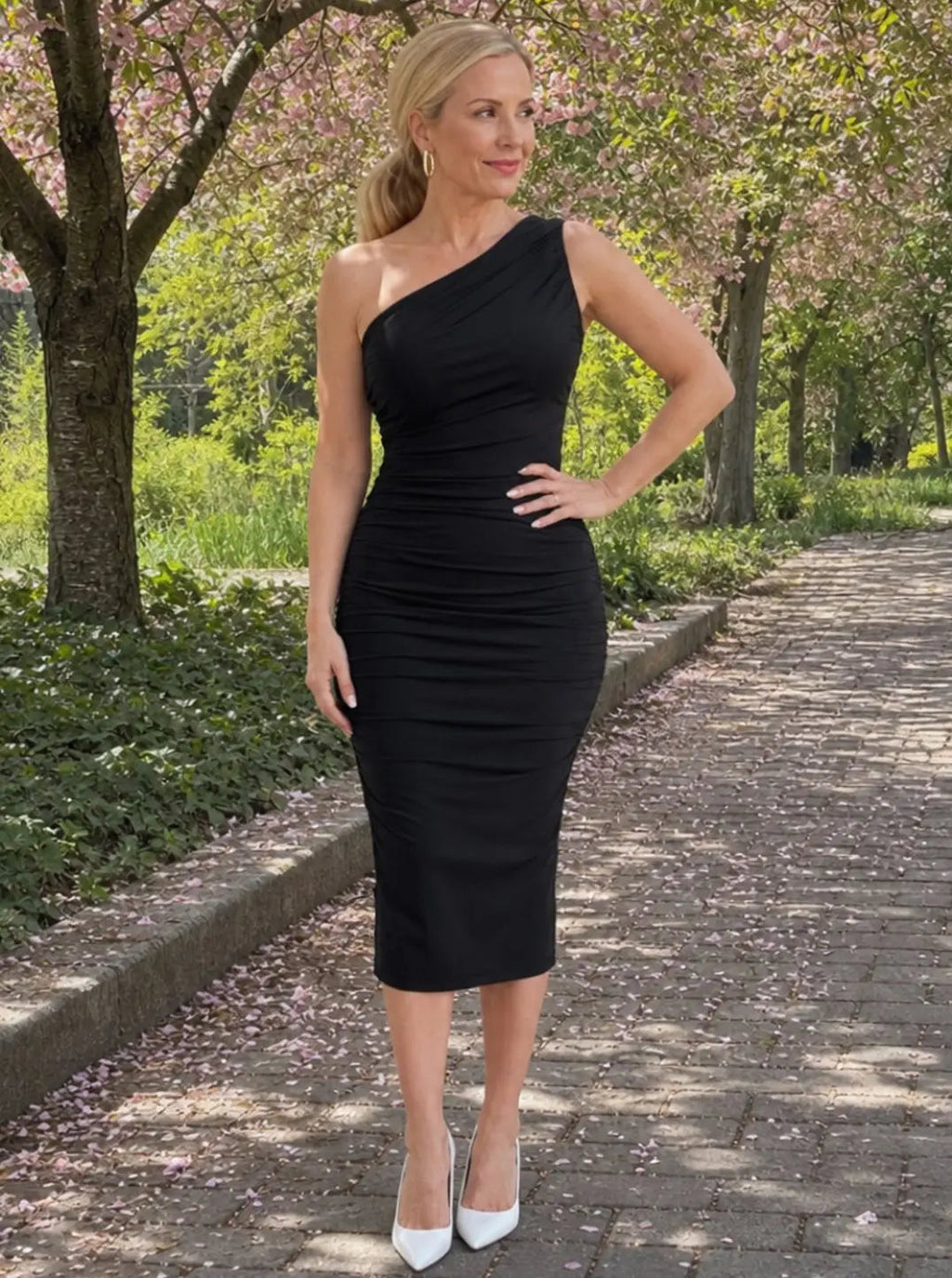 Aria | Women's One-Shoulder Ruched Detail Midi Cocktail Dress