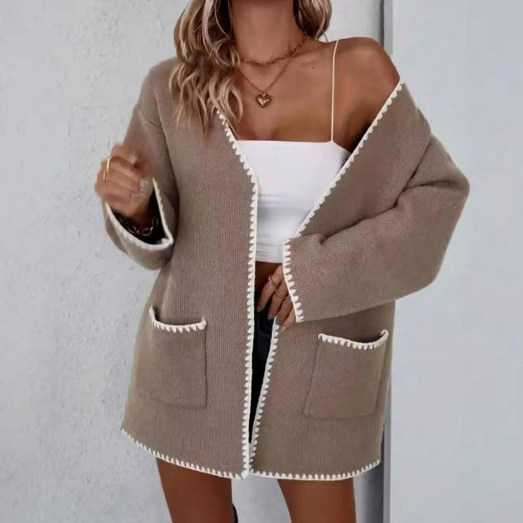 Scarlett | Women's Open Front Long Sleeve Knit Cardigan Contrast Trim Pockets