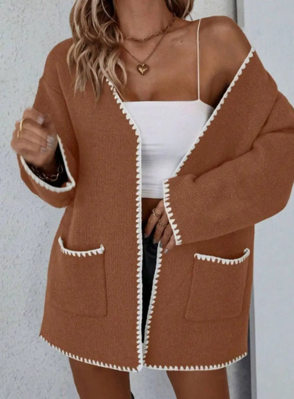 Scarlett | Women's Open Front Long Sleeve Knit Cardigan Contrast Trim Pockets