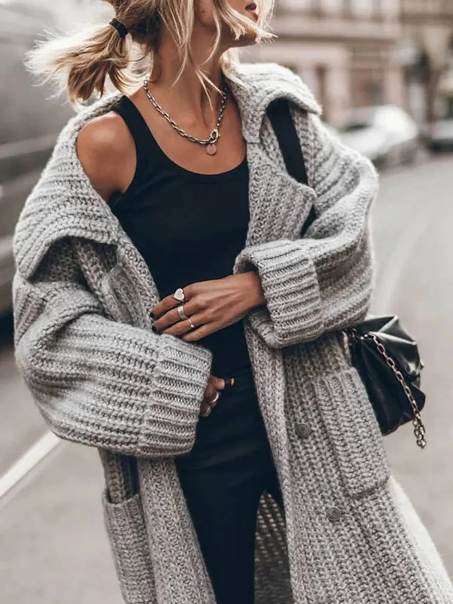 Phoebe | Women's Oversized Chunky Knit Lapel Longline Cardigan