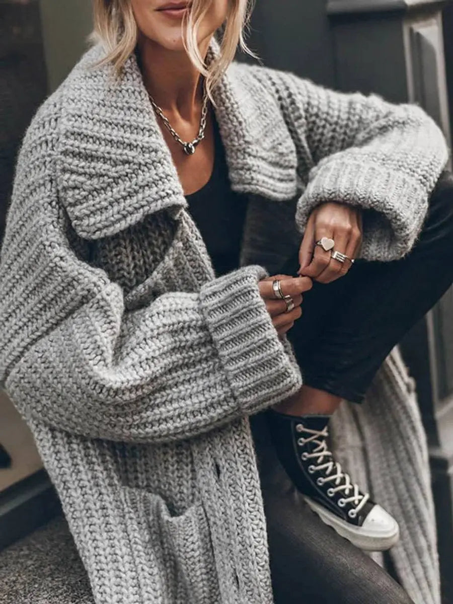 Phoebe | Women's Oversized Chunky Knit Lapel Longline Cardigan