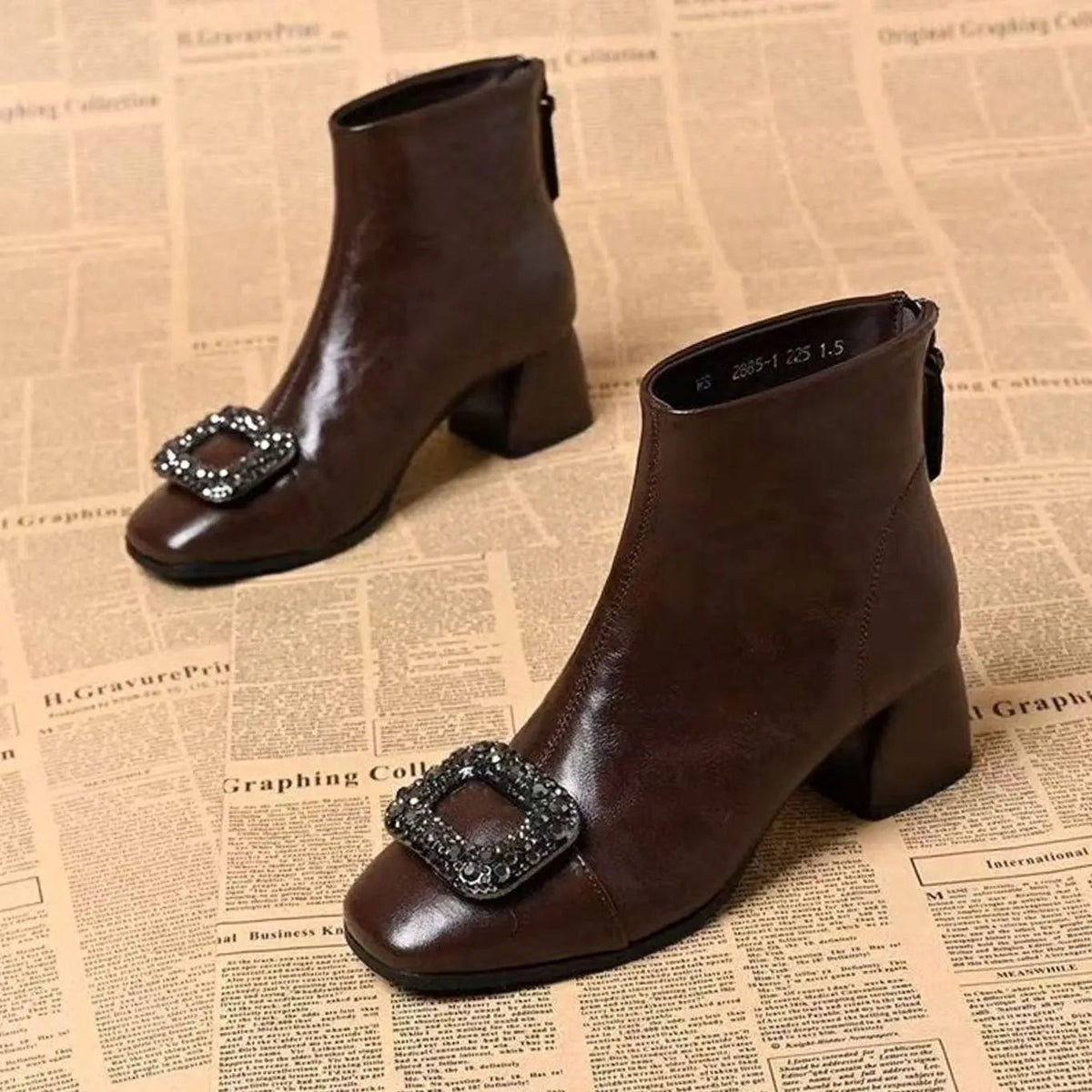 Amelia | Women's Square-Toe Block-Heel Ankle Boots Rhinestone Buckle