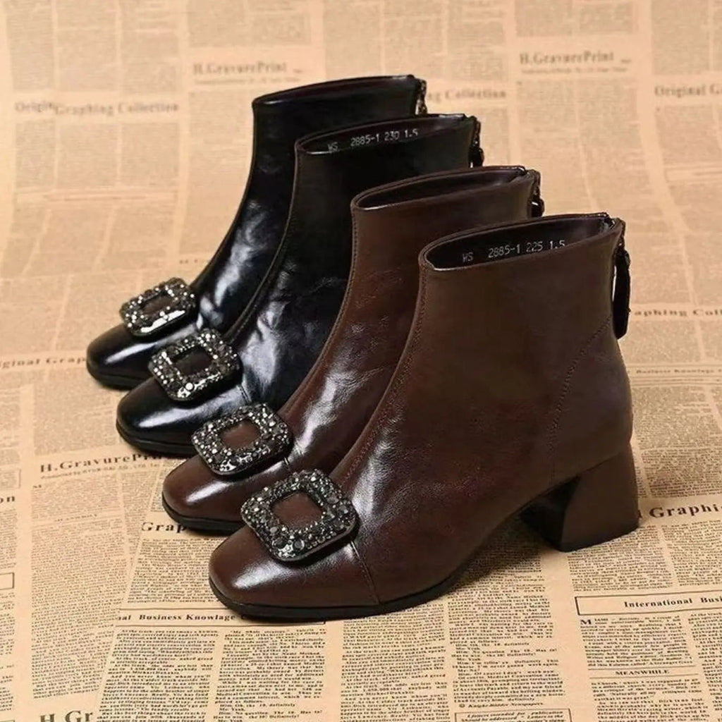 Amelia | Women's Square-Toe Block-Heel Ankle Boots Rhinestone Buckle