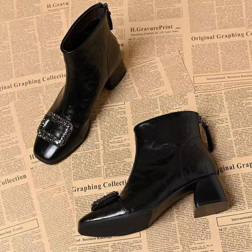 Amelia | Women's Square-Toe Block-Heel Ankle Boots Rhinestone Buckle