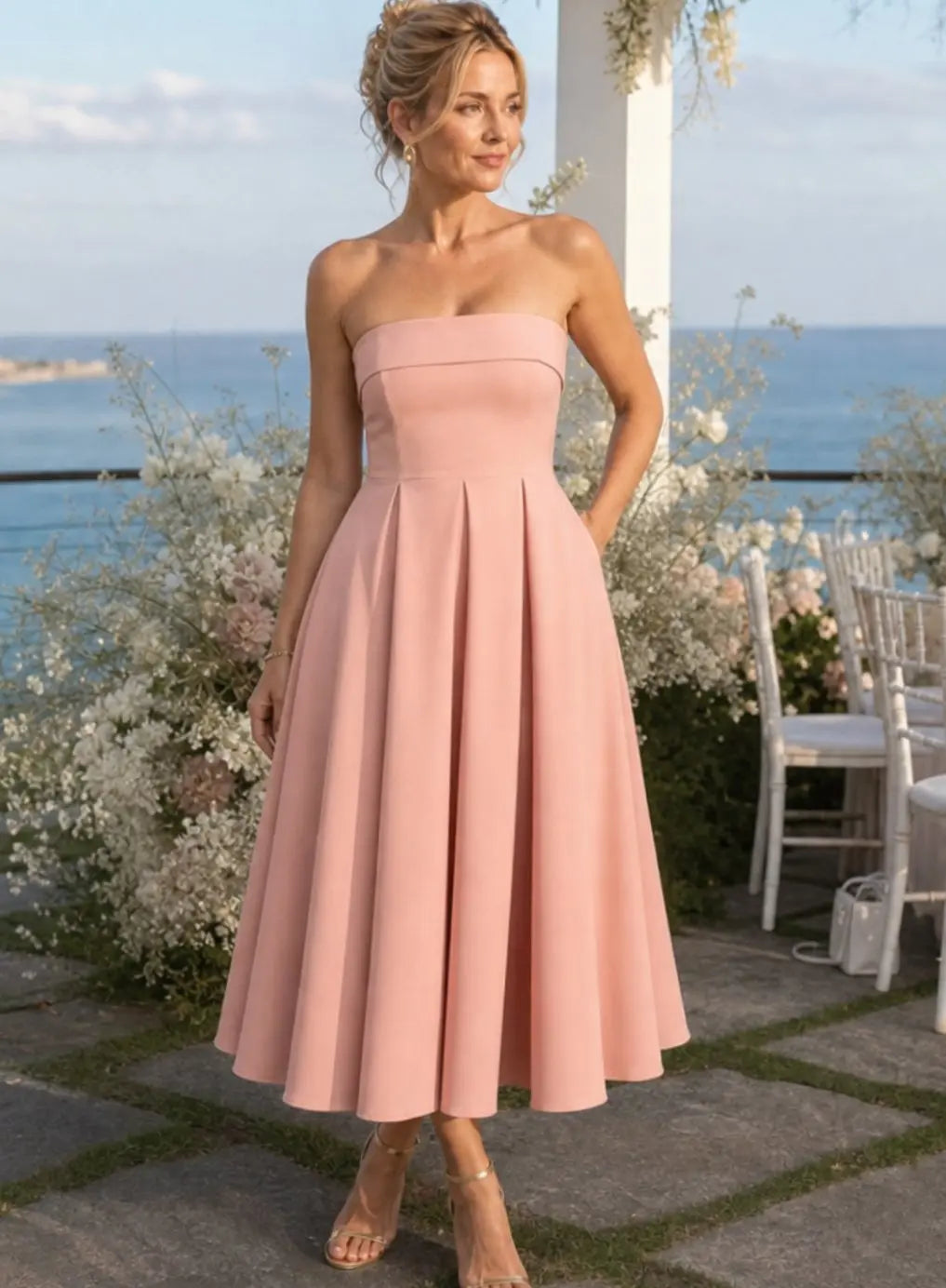 Grace | Women's Strapless Pleated Full-Skirt Midi Cocktail Dress