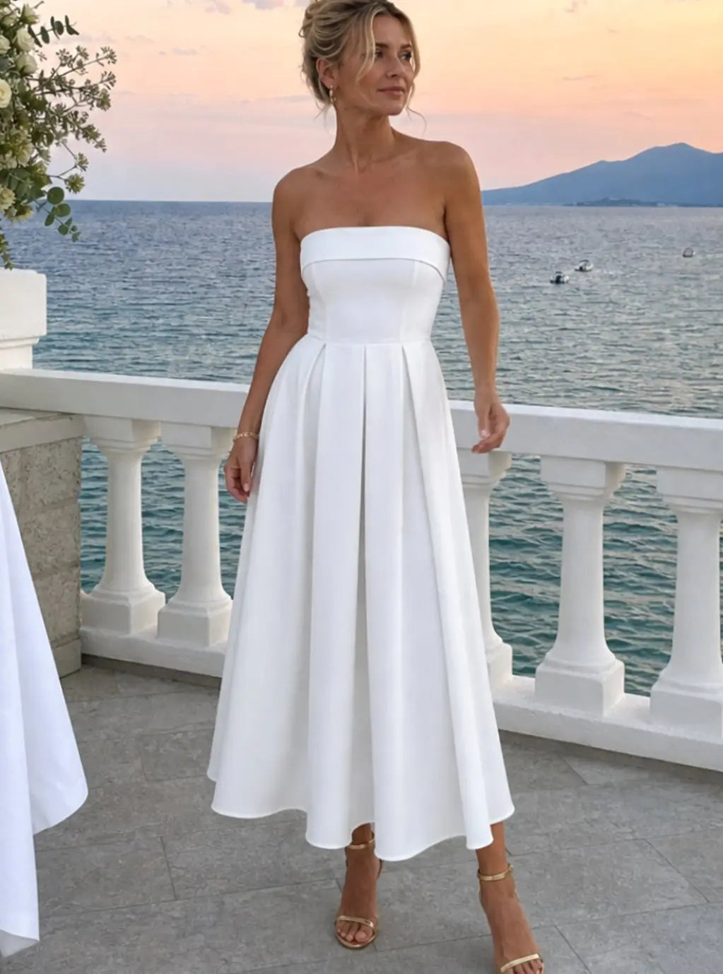 Grace | Women's Strapless Pleated Full-Skirt Midi Cocktail Dress