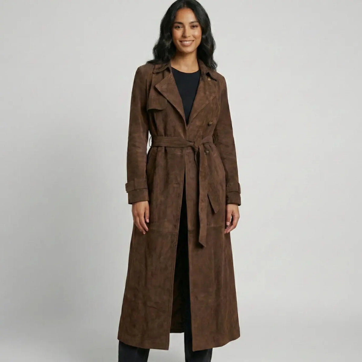 Freya | Women's Suede Belted Lapel Maxi Trench Coat