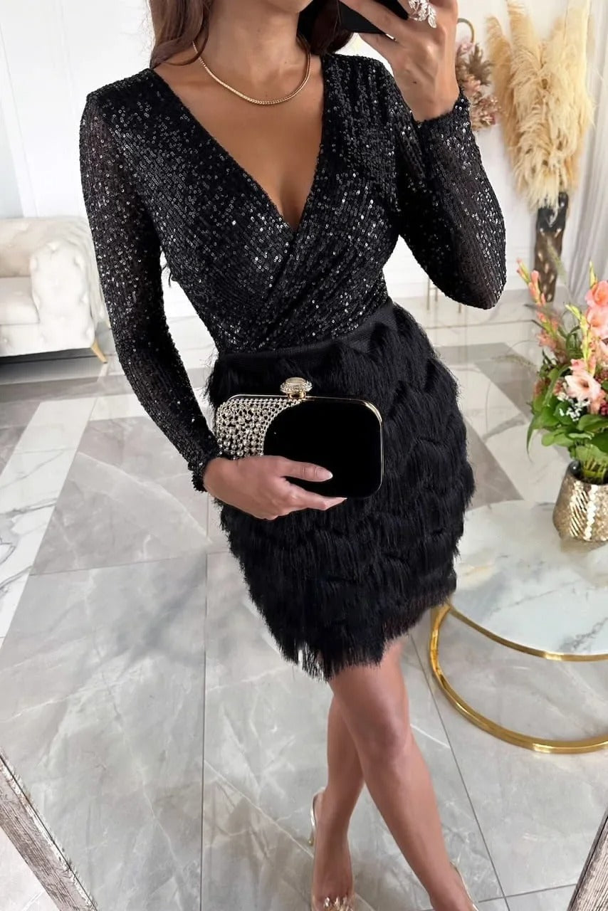Sequin long sleeve mini dress with wrap V-neck and tiered fringe skirt - view 8
